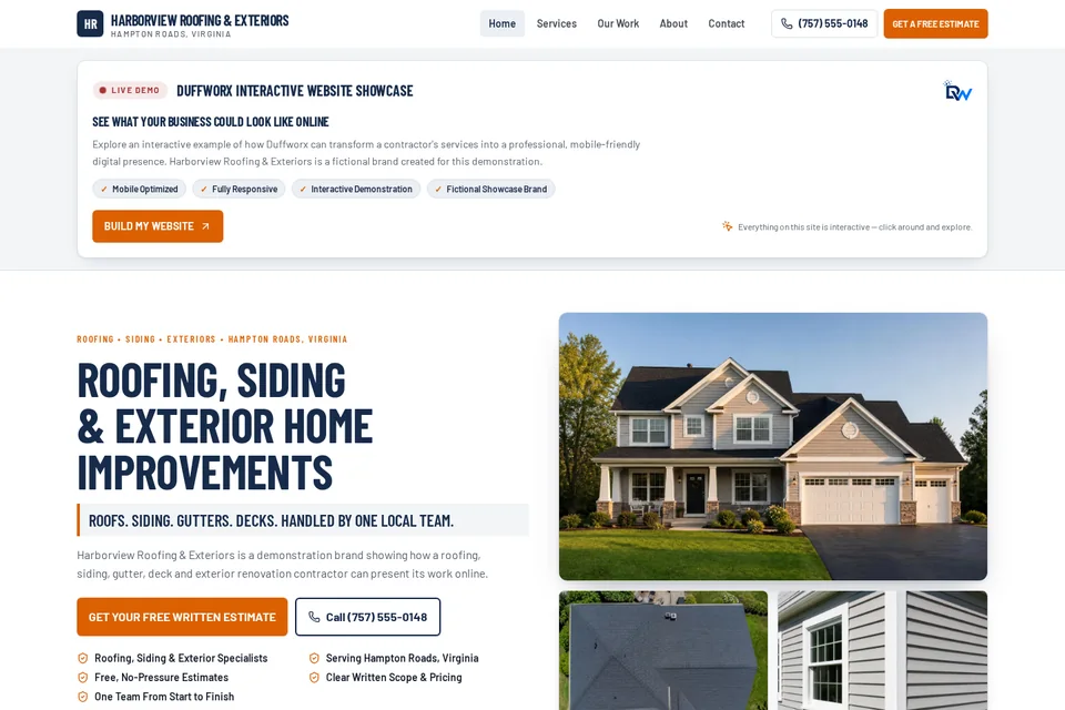Harborview Roofing & Exteriors — Roofing & Exterior Contractor demo website by Duffworx Consulting
