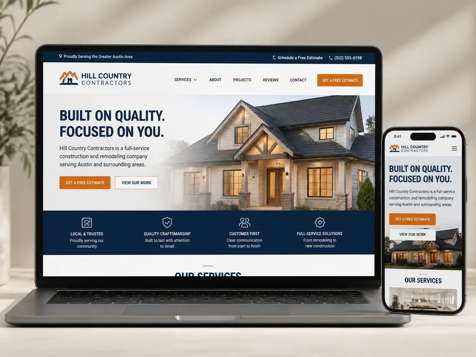 Sample contractor website preview shown on a laptop and phone